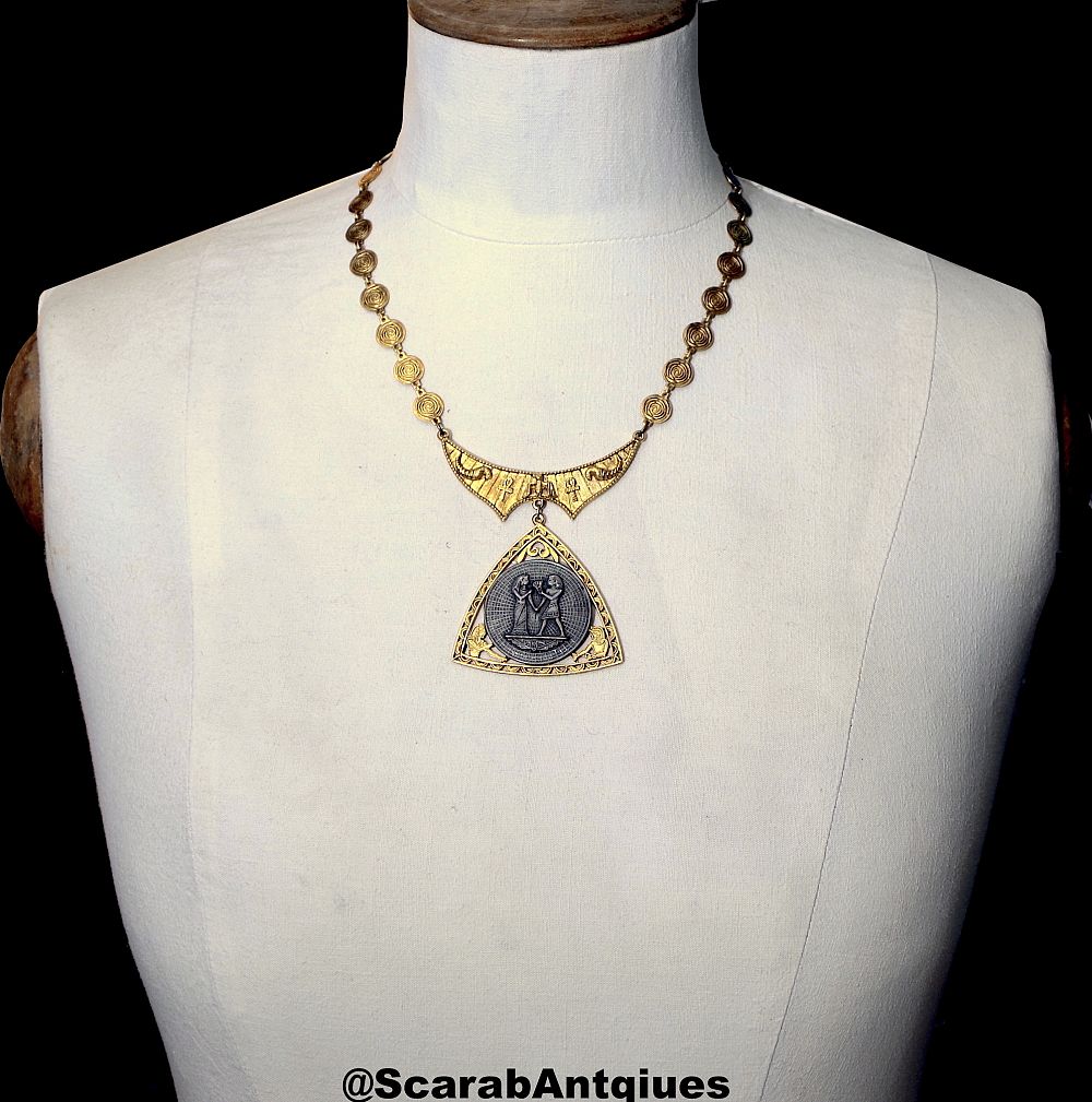 ART gold tone & pewter tone Egyptian revival necklace from Scarab Antiques