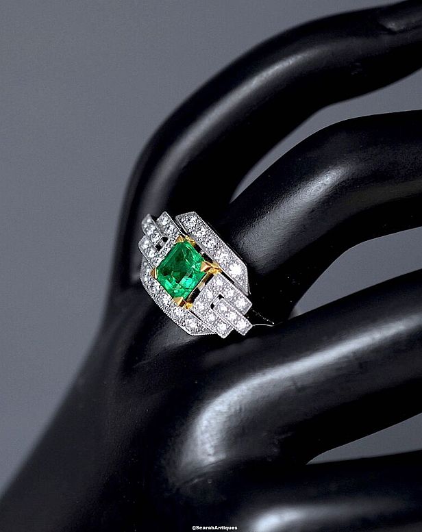 Emerald diamond platinum & 18ct yellow gold ring from Scarab Antiques